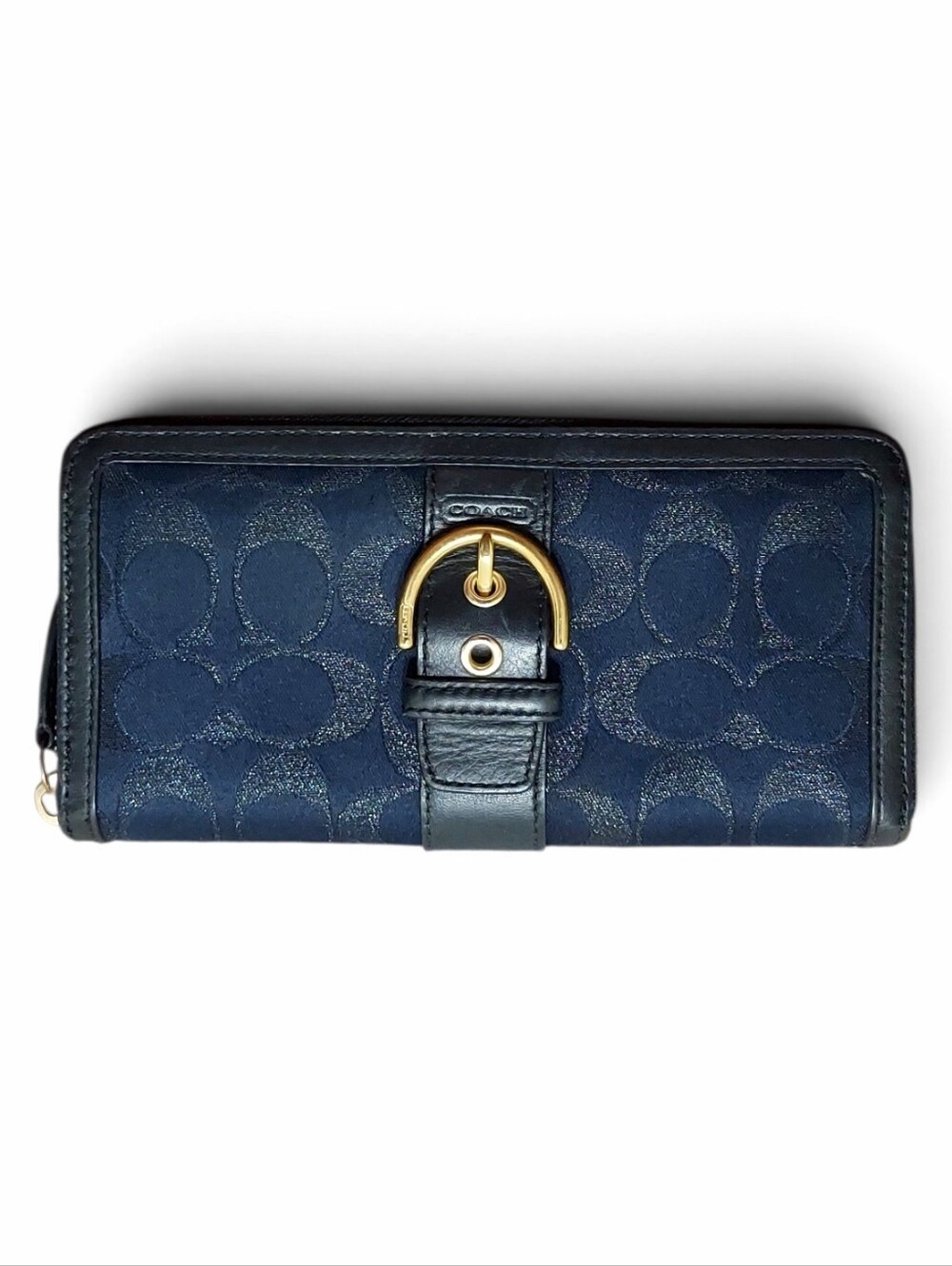 Coach Hamptons Vintage Y2K Signature Jacquard Denim & Leather Buckle Zip Wallet